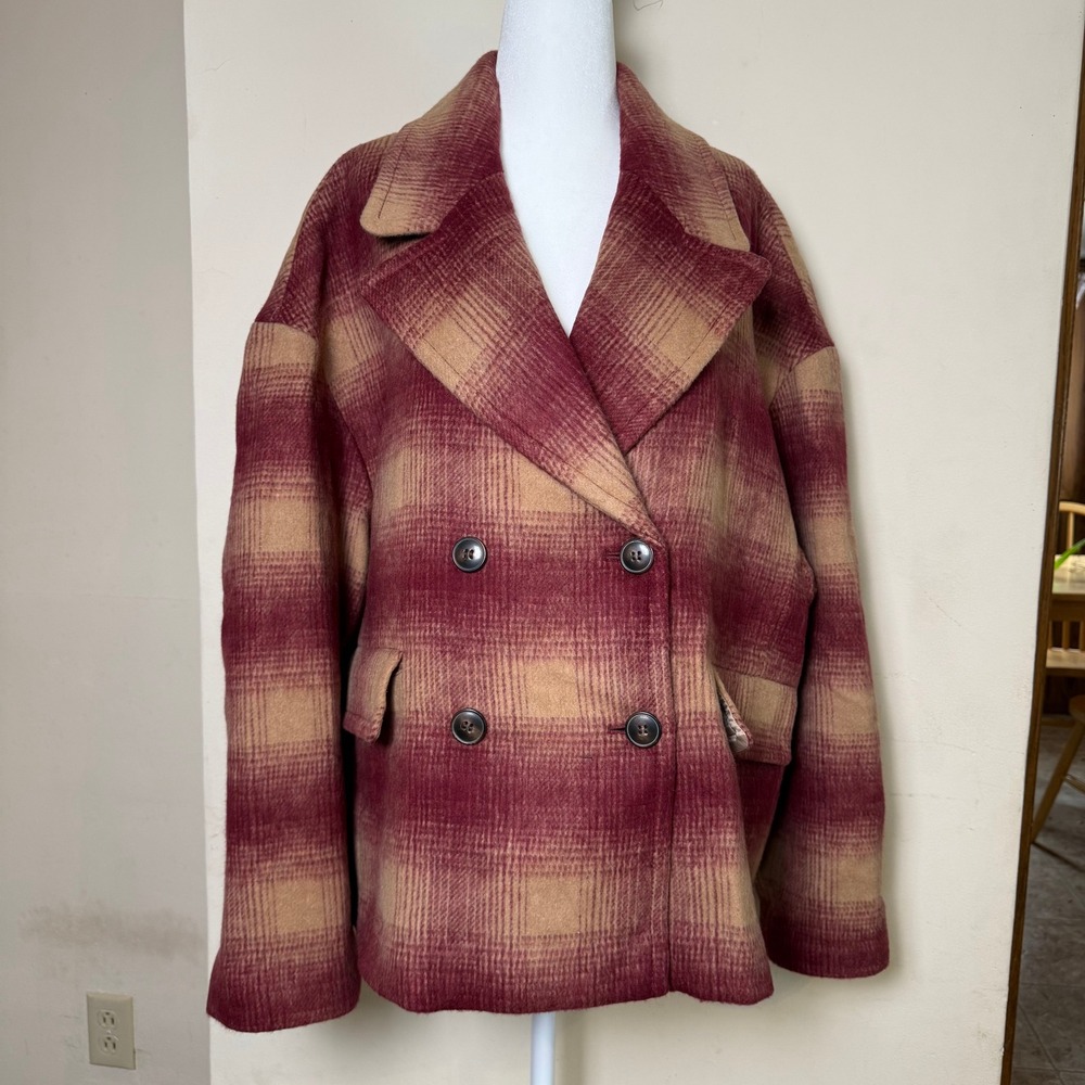 NWT Madewell Plaid Double Breasted Wool Blend Jacket Burgundy Tan Oversized XXL‎